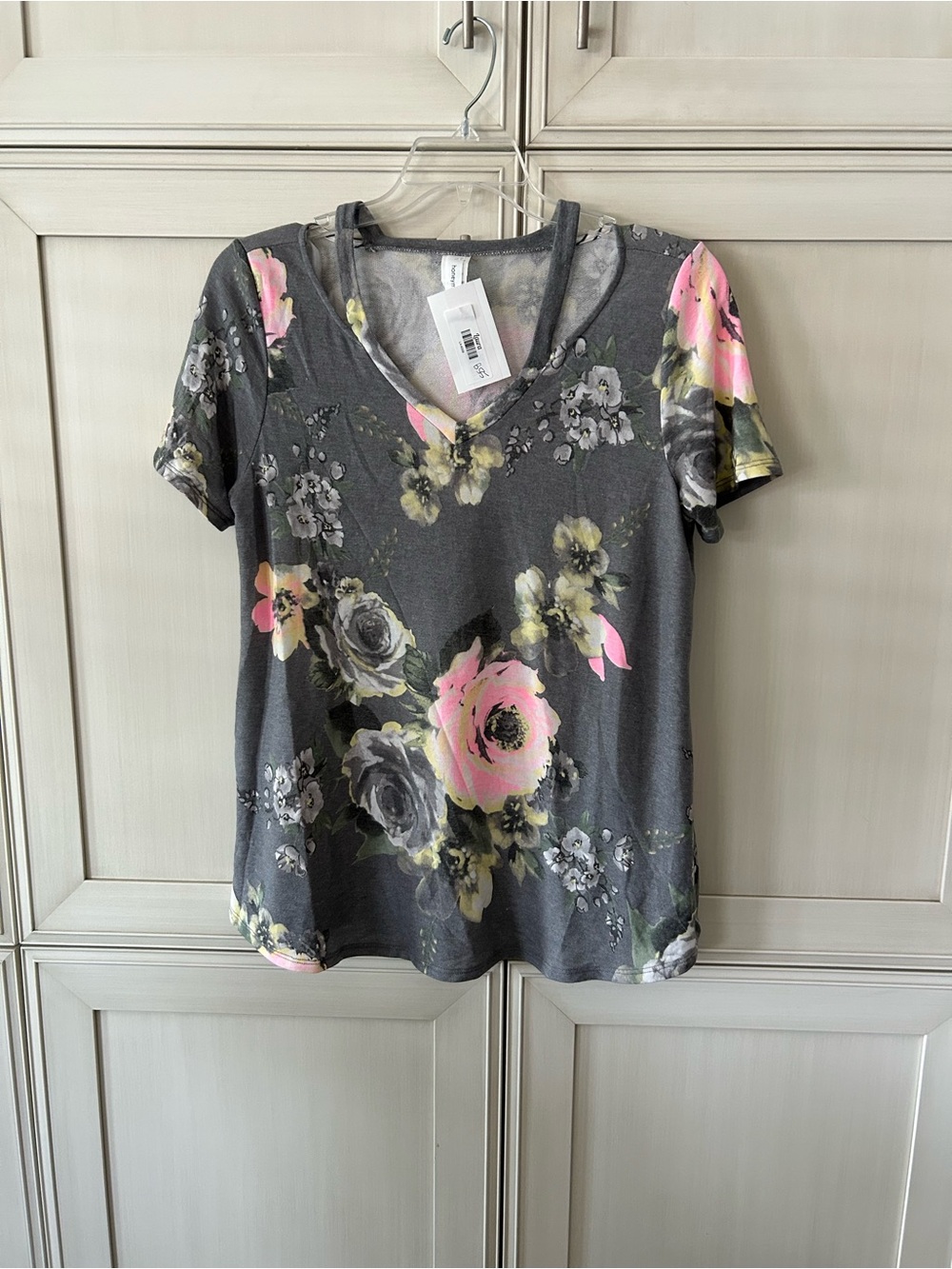 Honeyme Gray V-Neck Top with Pink & Yellow Floral Print